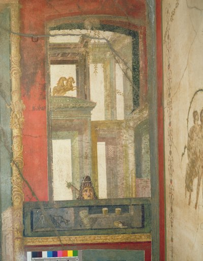 Architecture fantastique avec deux chevaux et un masque théâtral, de la Maison des Vettii, vers 50-79 après J.-C. - Roman